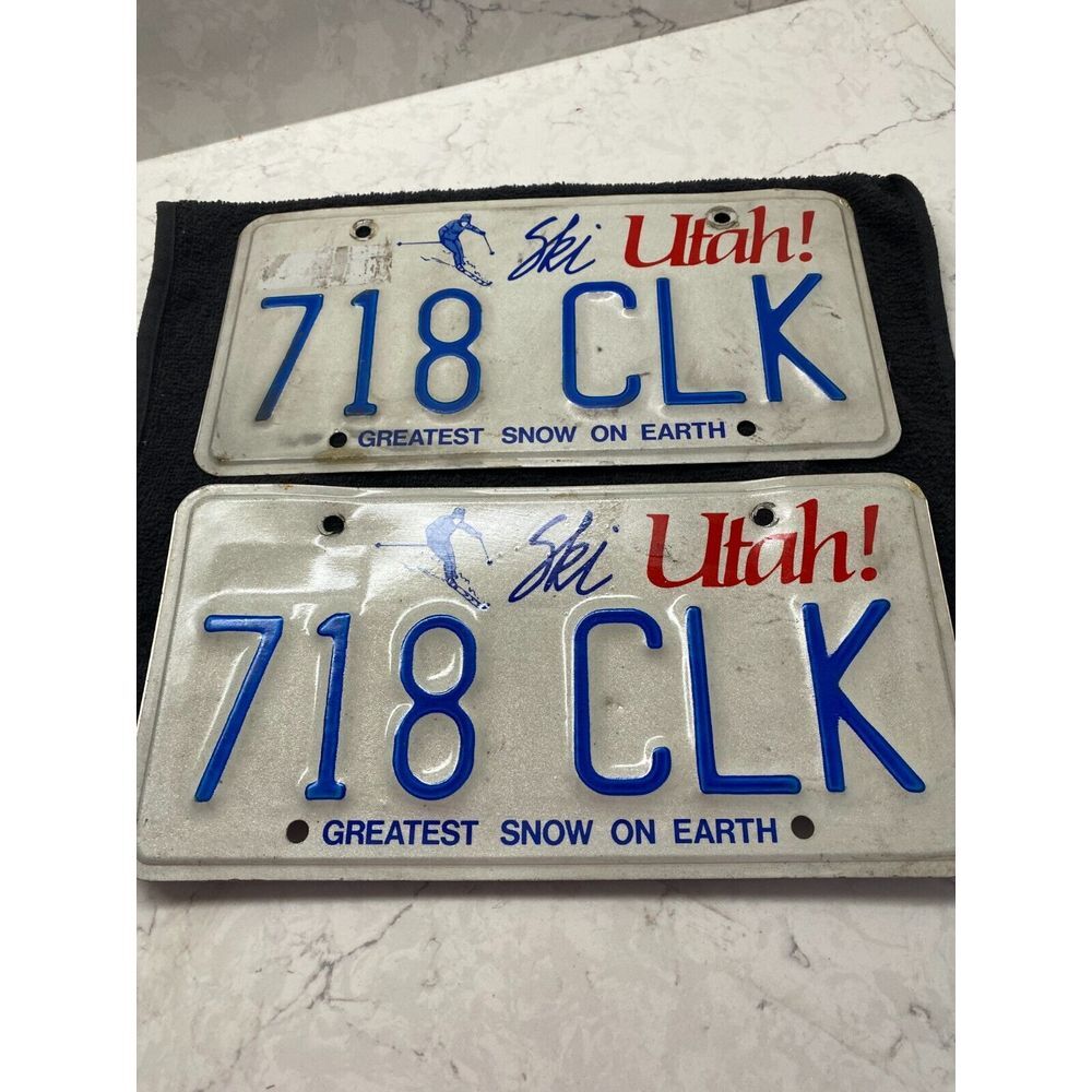US State of Utah Ski #718 CLK Vehicle License Plate Matching Pair Collectible